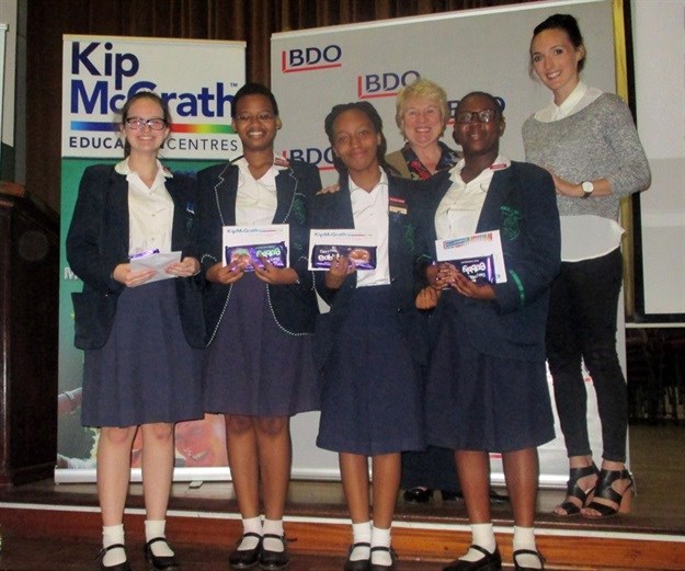 The elated team of Durban Girls High School Grade 10/11 learners who won the third round of the BDO School Quiz for the central Durban region are pictured here receiving their prize from Jemma Shankland of BDO (back)<p>From L-R: Rhiannon Pearce, Nontobeko Khumalo, Nokukhanya Nzimande, Juanita Mazuba, and Hazel Spires of Kip McGrath.