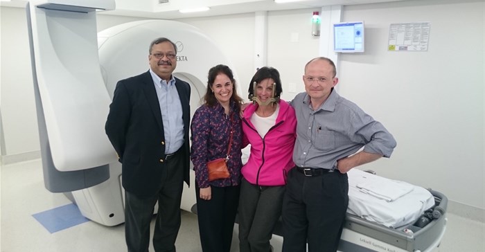 Left to right: Neurosurgeon and radiation oncologist, Dr Dheerendra Prasad of the Roswell Park Cancer Institute in New York; radiation oncologist, Dr Sylvia Rodrigue; patient, Melanie Thomson, and neurosurgeon Dr Frans Swart. Thomson, who suffers from trigeminal neuralgia, was one of the first patients to receive Gamma Knife Icon treatment at Netcare Milpark Hospital.