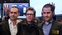 Twitter co-founder Biz Stone, at center in 2013 photo at the New York Stock Exchange debut of the social network, is flanked by co-founders Jack Dorsey, at left, and Ev Williams. Stone is returning to work at Twitter after a six-year hiatus |