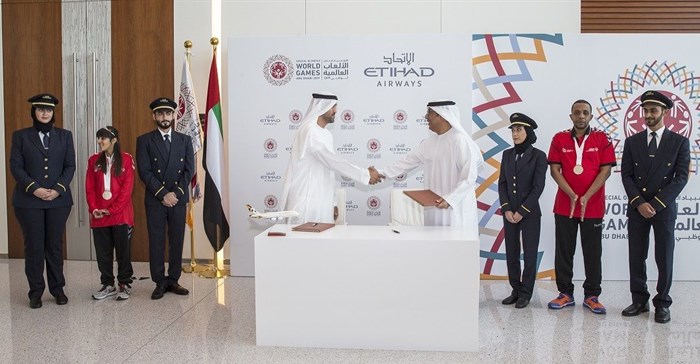 His Excellency Mohamad Mubarak Al Mazrouei, Chairman of the Etihad Aviation Group board (left) and His Excellency Mohamad Abdulla Al Junaibi, Chairman of the Higher Committee of the Special Olympics World Summer Games