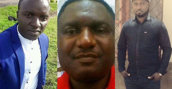 Cameroonian journalists released from prison: (from left) Atia Tilarious Azohnwi, Tim Finnian, and Hans Achomba (source: CPJ/family handouts).