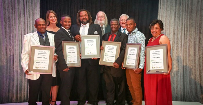 The 2017 Winners, at the back from left: Lucille Botha (Izethelo Media Award), André Roux (Innovation Award), Leopoldt van Huyssteen (Frontrunner Award). In front from left, Kammies Goliath (Specialist Agricultural Worker), Tumiza Nganunu (Advanced Agricultural Worker), Errol April (Novice Award), Jan van Wyk (runner-up Advanced Agricultural Worker), Ricardo Theodore (runner-up Specialist Agricultural Worker) and Sonja Plaatjies (General Agricultural Worker Award).
