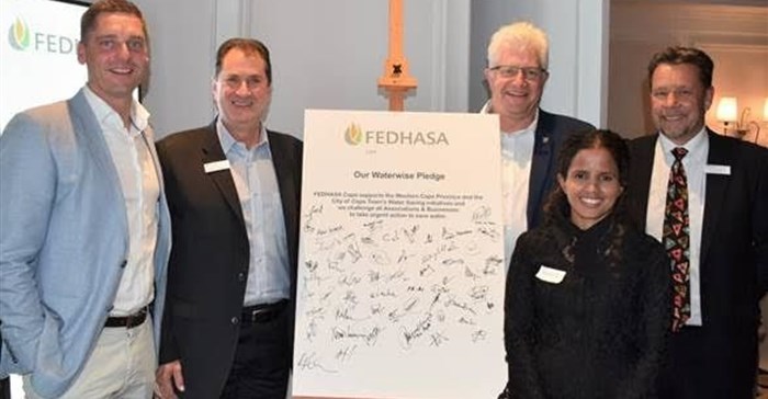 From left to right: Joep Schoof, Chairperson: FEDHASA Cape Hotels segment; Jeff Rosenberg, Chairperson: FEDHASA Cape; Alan Winde, Minister of Economic Opportunities, Western Cape; Chris Godenir, Alternate: FEDHASA Cape Hotels segment and councillor Xanthea Limberg, mayoral committee member for informal settlements, water and waste services and energy.
