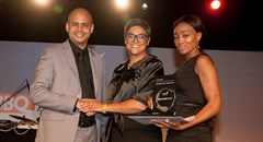 Fatima Vawda, founder of 27four Investment Managers, receiving the Comair Outstanding Woman in Business Award. Image by Julian Cole.