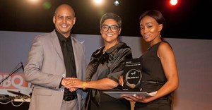 Fatima Vawda, founder of 27four Investment Managers, receiving the Comair Outstanding Woman in Business Award. Image by Julian Cole.