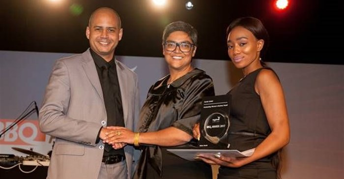 Fatima Vawda, founder of 27four Investment Managers, receiving the Comair Outstanding Woman in Business Award. Image by Julian Cole.