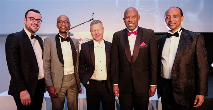 Carel van Heerden (Finbond); Sbu Shabalala (AdaptIT); Mark Stevens (Fortress Income Fund); Lesetja Kganyago (Business Leader of the Year); Patrice Motsepe (Lifetime Achievement Award) - image credit: Sunday Times.