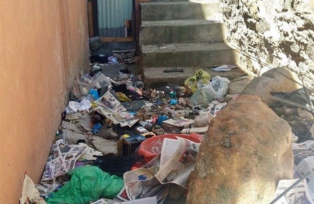 The back entrance to 104 Upper Darling Street buidling where there is garbage and rats.