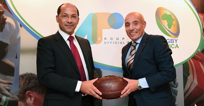 (From Left to Right) - Nicolas Pompigne-Mognard, Founder and CEO of APO Group and Abdelaziz Bougja, Chairman of World Rugby’s African association, Rugby Africa during the signing ceremony of the agreement under which APO Group becomes the main Official Sponsor of Rugby Africa, at Royal Garden Hotel on November 12, 2017 in London, England. (Photo by Eamonn M. McCormack/Getty Images for APO Group).