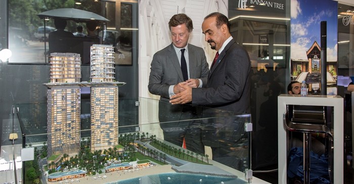 Nakheel Chairman Ali Rashid Lootah (right) and Sébastien Bazin, Chairman and CEO of AccorHotels with a scale of PALM360 on show at the International Luxury Travel Market (ILTM) in Cannes, France.