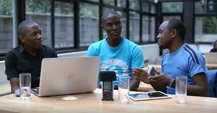 Kenyan technology bloggers Emmanuel Chenze, Kaluka Wanjala, and Nixon Kanali during one of the 24BIT episodes at Legibra offices.