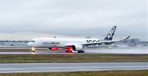 Airbus A350-1000 test aircraft taking off at Toulouse Blagnac airport, France