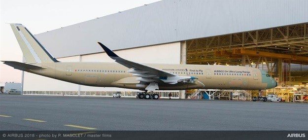 The first Ultra Long Range A350 XWB is rolled out of the airframe assembly station.