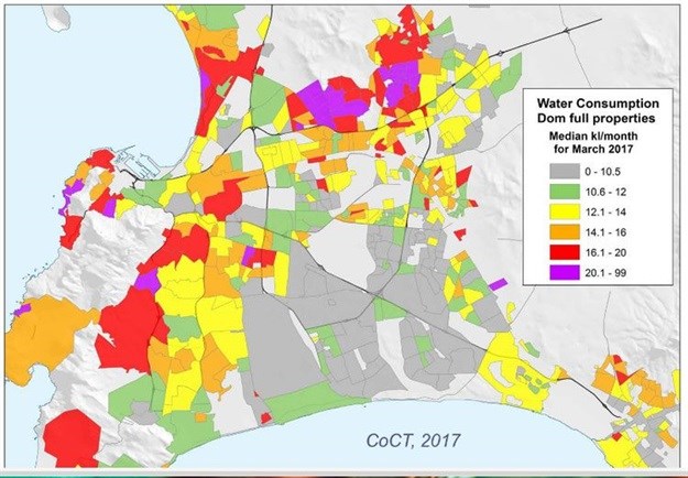 This map from the City of Cape Town shows water usage by area in March 2017. On inspection the graph shows clearly that wealthier suburbs use much more water than poorer ones. Water usage has come down dramatically, however.