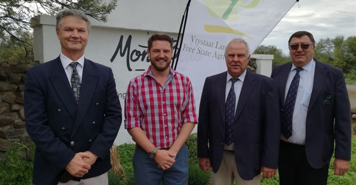 Gerhard Kriel (left), Chief Executive Officer of Free State Agriculture (FSA), Andries Vermeulen, official ambassador of Friends of Free State Agriculture, Francois Wilken, President of FSA, and Tommie Esterhuyse, Vice President of FSA. Photo: Free State Agriculture