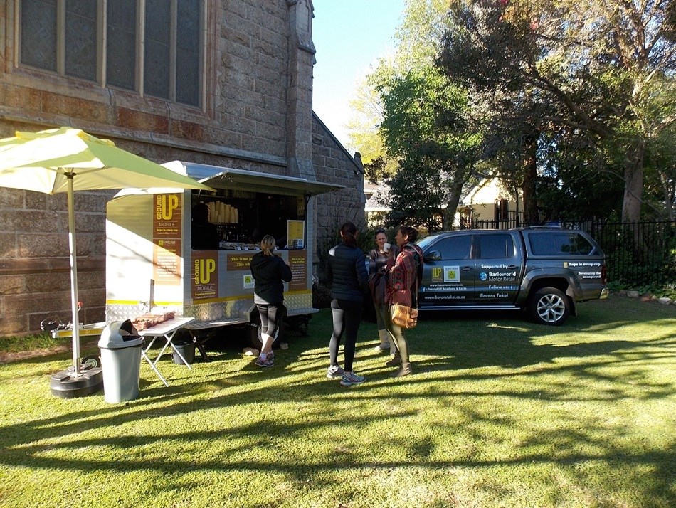 Ground UP coffee trailer at St John’s church in Wynberg, with a vehicle sponsored by Barloworld Barons Tokai.