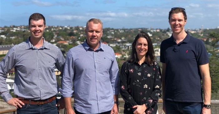 Brothers Matt (left) and Brad Milne (right) with Falke group general manager Martin Grobbelaar and Keaton Quarmby, group marketing executive, during a recent visit to Sydney.