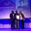 Left image: Alan Paton Award for non-fiction: Bongani Siqoko, Bongani Ngqulunga and Olivia-Jay Pretorius. Right image: Barry Ronge Fiction Prize L-R Bongani Siqoko, Harry Kalmer and Olivia-Jay Pretorius.