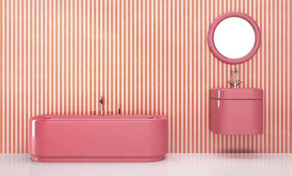 Marshmallow pink bathroom designed by India Mahdavi in collaboration with Bisazza at Salone del Mobile. Image credit: Bisazza.