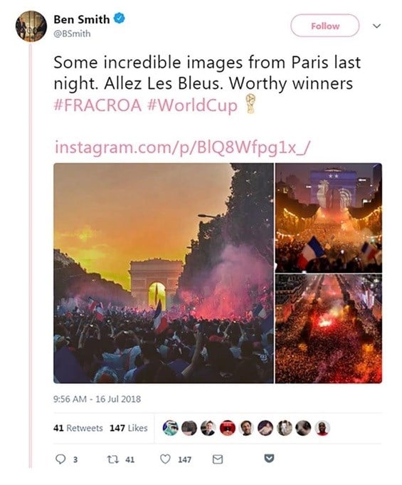 Sunday, 15 July 2018: France leads in goals on the field and mentions on social media
