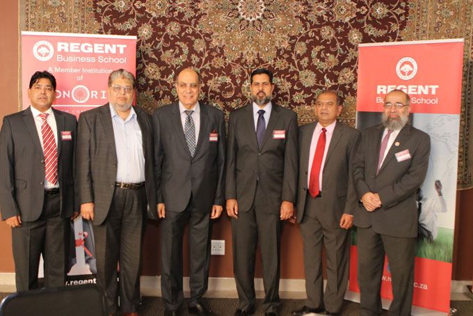 Advocate Lavan Gopaul, Mohammed Mohsin Ahmed, Dr Mahmoud Youssef-Baker, Ebrahim Patel, Prof. Dhiru Soni, and Prof. Osman Seedat at the launch at Regent Business School. Image: Bishan Soni
