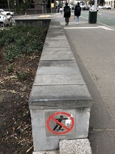 Breaking up smooth surfaces to prevent skateboarders (like this makeover in Melbourne’s Lincoln Square) is hostile architecture. Sasha Petrova,