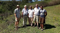 L-R: Farmers, commercial and smaller scale, working together for the improvement of lives: Andrew Pooler, Dave van Rensburg, Cyril Hlengwa, Rob Stayplton-Smith and Siya Hlengwa