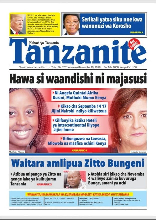 The front page of the Kiswahili newspaper, Tanzanite, at the weekend which claimed that CPJ media activists Muthoki Mumo and Angela Quintal were spies. Photo: Twitter.