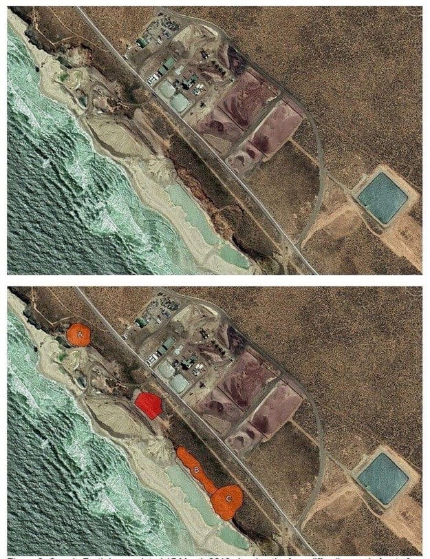 This Google Earth image, dated 15 March 2018, shows four collapses of the sea cliff in front of the Tormin mine processing plant. In the duplicate image below, the area of the 2015 collapse — where the mine has apparently attempted some rehabilitation — is shown in red, while three subsequent collapses are shown in orange. The fourth new collapse has occurred further to the south and is not visible in this image. Photo: Supplied by Allen Lyons