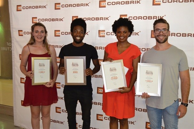 All the winners pictured at the award ceremony at the University of Johannesburg are from left to right: In third place Jean-Mari Steyn, the winner Elao Martin, Ruby Mungoshi who received the award for the best use of clay brick and Steven Moore who received second place.