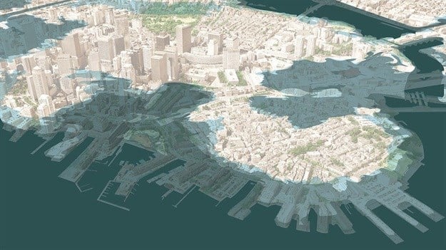 SCAPE has visualised how dramatic sea-level rise could affect Downtown Boston by 2070. All Images © SCAPE