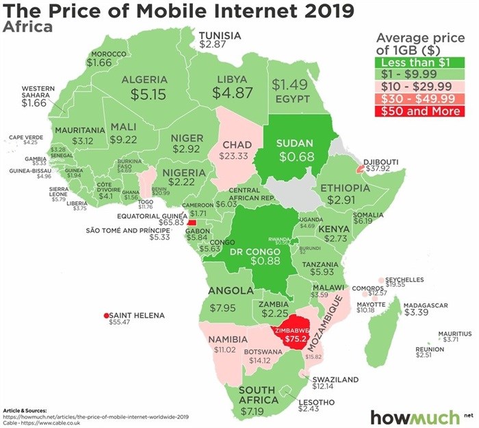 The Price of Mobile Internet in Africa Map | Source: howmuch.net