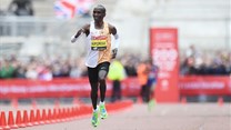 Kenya’s Eliud Kipchoge on his way to wining the London Marathon in April 2019. EPA-EFE/Facundo Arrizabalaga