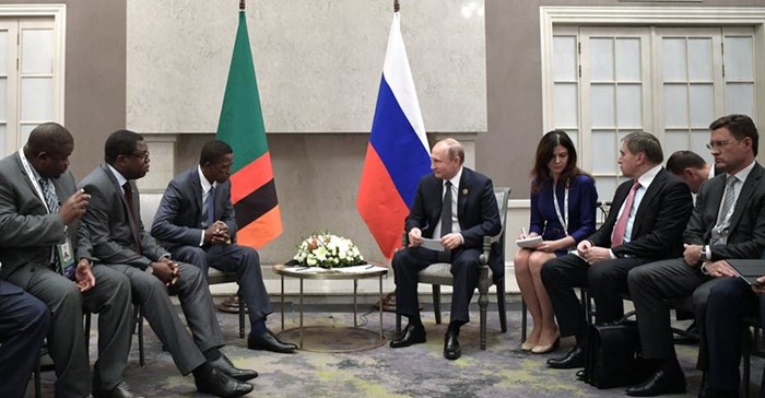Russian President Vladimir Putin and Zambian President Edgar Lungu meet on the sidelines of the BRICS Summit in Johannesburg in 2018. EPA-EFE/Alexei NikolskySputnik/Kremlin Pool