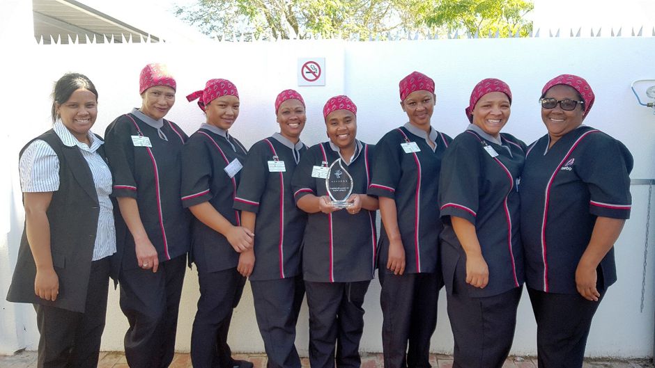 From left: Members of the TSEBO Housekeeping Team Chernay Hildebrandt (Contract manager); Margaret Williams; Brenda Jacobs; Ferensia Boer; Jermaine Solomons; Mariëtte Anthony; Naomi Magonga and Lillian Dirks.