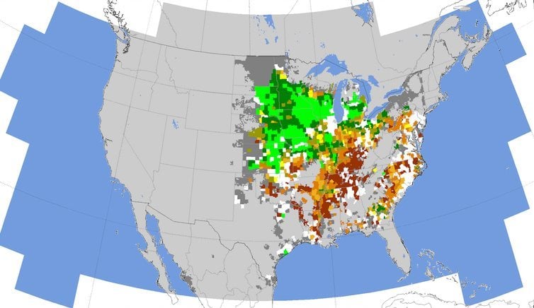 Climate change is reducing U.S. soybean yields in southern and eastern states (red areas) and expanding them to the north and west (green areas). Deepak Ray,
