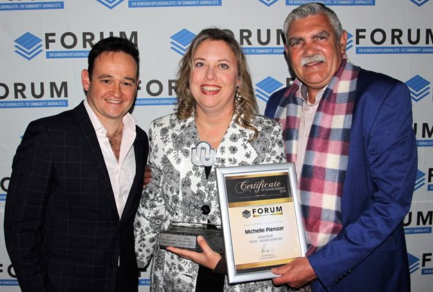 From left are Jaco Koekemoer, MD - Caxton Local Media, Michelle Pienaar, journalist of the year and Louis Jacobs from North-West University (one of the sponsors).