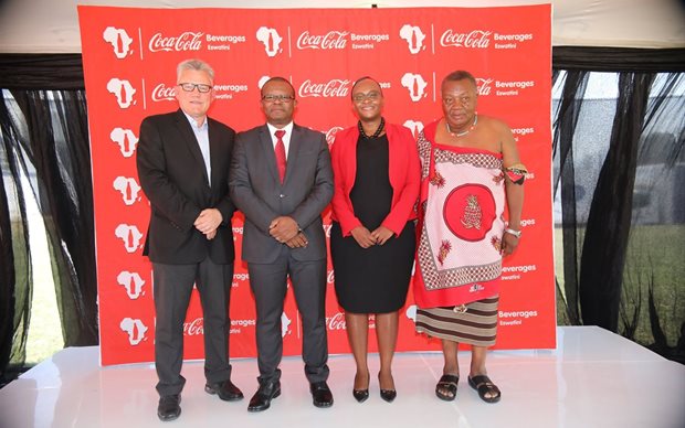 From left: Pierre Bleeker, general manager North Region, CCBSA; Honorable Minister Manqoba Khumalo, Minister of Commerce, Industry and Trade; Sanele Khumalo, country manager; and Dr A.T Dlamini, managing director, Tibiyo TakaNgwane.