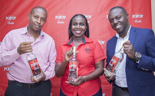Pictured from left: Charles Gitau (Monument Distillers commercial manager), Caroline Wanjiku (Popov Vodka brand banager) and Ellis Muhimbise (Monument Distillers MD)