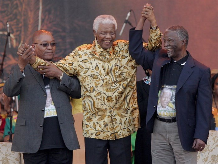 Each of South Africa’s former presidents treated the state broadcaster very differently. From left Jacob Zuma, Nelson Mandela, and Thabo Mbeki (2008). Epa/Kim Ludbrook