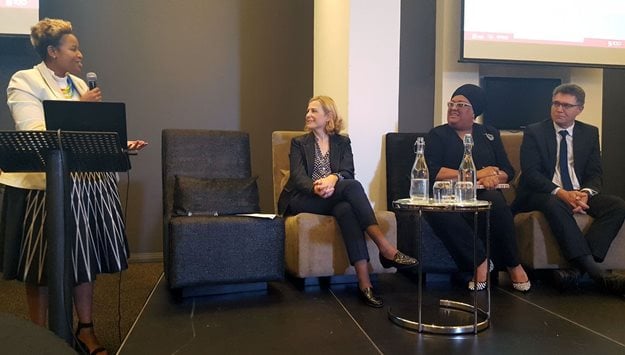 L-R: Dr Nthabiseng Moleko, faculty member at USB; Prof Anita Bosch, associate professor and chair: women at work at USB; Zyda Rylands, CEO of Woolworths SA; Prof Piet Naudé, professor of ethics and director of USB