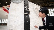 Eco-artist Sarah Turner's giant suitcase made of plastic is on display at Heathrow.