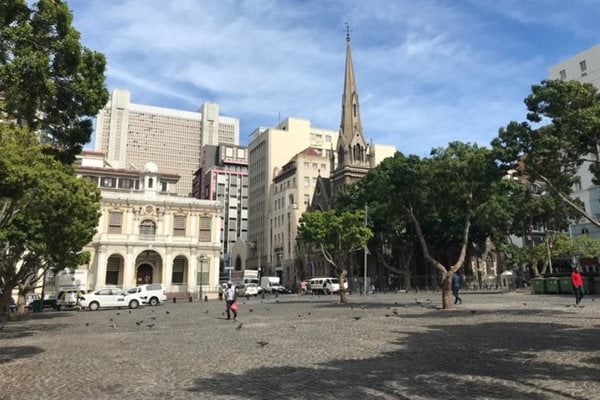 Greenmarket Square in Cape Town, usually a vibrant place for tourist trinkets, was deserted on Tuesday. Credit: Ashraf Hendricks