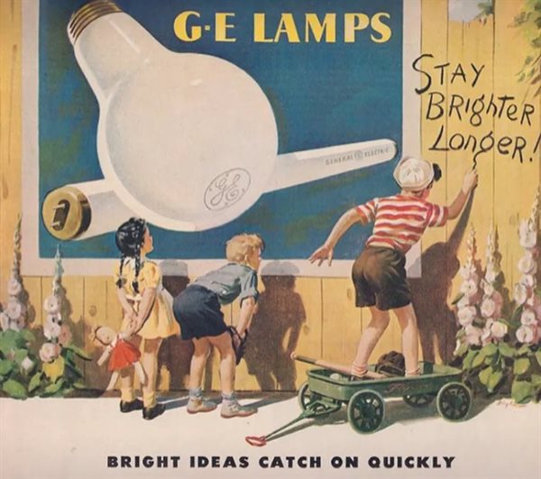GE ad from the 1940s, showing an incandescent bulb and a fluorescent tube, both inventions of the company. GE