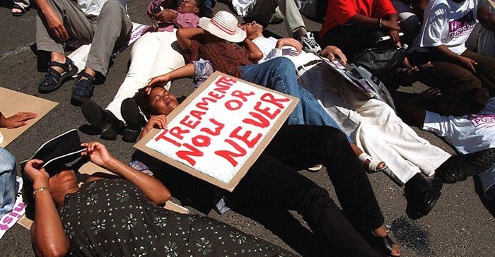 Aids activists lie down in protest in front of parliament in 2001 in Cape Town, South Africa.