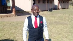 Hebert Gumbi outside his classroom in Vryheid in KZN.