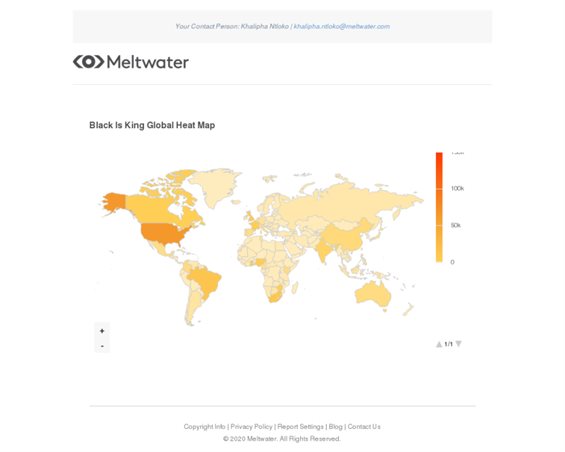 Global heat map of Black Is King social media mentions between 28 June and 15 August 2020