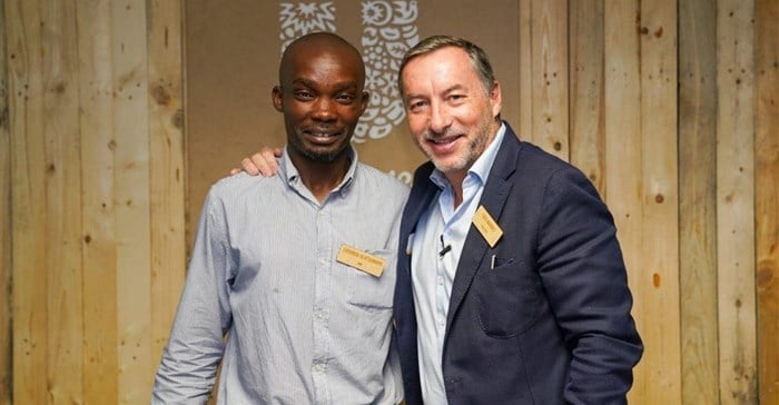 Luyanda Hlatashwayo, reclaimer with the African Reclaimers Organisation, and Luc-Olivier Marquet, EVP Unilever South Africa.