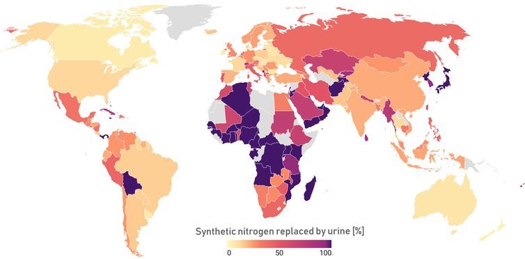Countries with large populations and low rates of fertiliser use are most suitable for replacing synthetic fertilisers with urine. Prithvi Simha/Datawrapper and FAOSTAT, Author provided