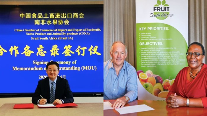 Xiaohu Xu, Vice President of the CCCFNA/ Justin Chadwick, Chairman of Fruit SA and Vangile Titi-Msumza, Vice-Chair of Fruit SA.